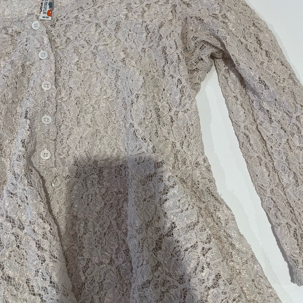 Free People Lace Babydoll Tunic Button Sheer Mini Dress Romantic Coquette Medium - Picture 5 of 10